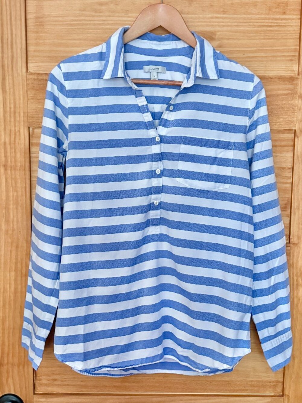 J Crew Blue White Nautical Striped Cotton Beachy Popover Long Sleeve Top size 8